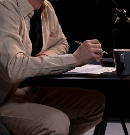 Script annoté posé près d'un micro de studio avant l'enregistrement